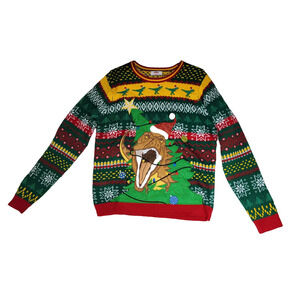 Holiday Time Mens T-Rex Ugly Christmas Sweater Green Red Fair Isle Large L 42-44